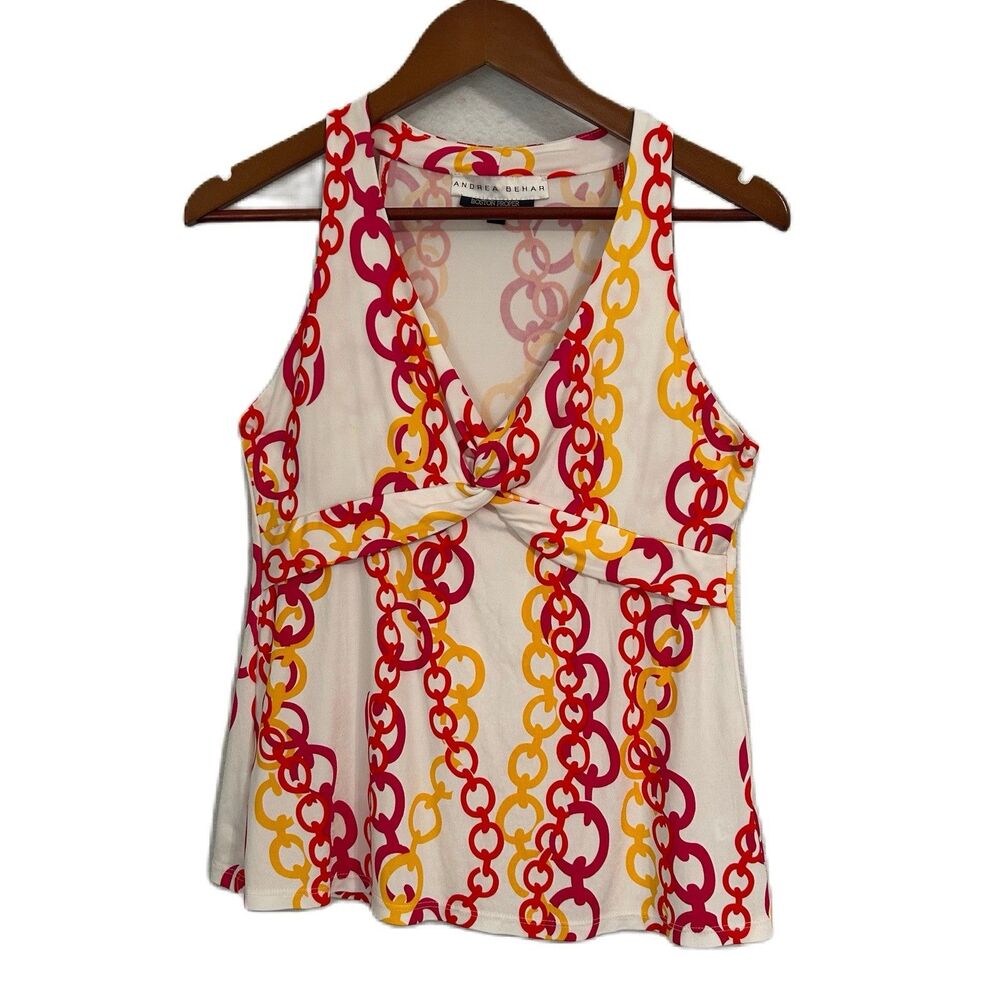 Andrea Behar Boston Proper Top Women M White Multi Halter V Neck Slimming Y2K